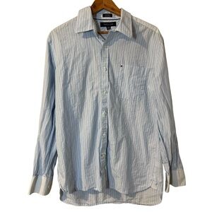 Tommy Hilfiger Men's Light Blue Pinstripe Long Sleeve Button Up Shirt - Large